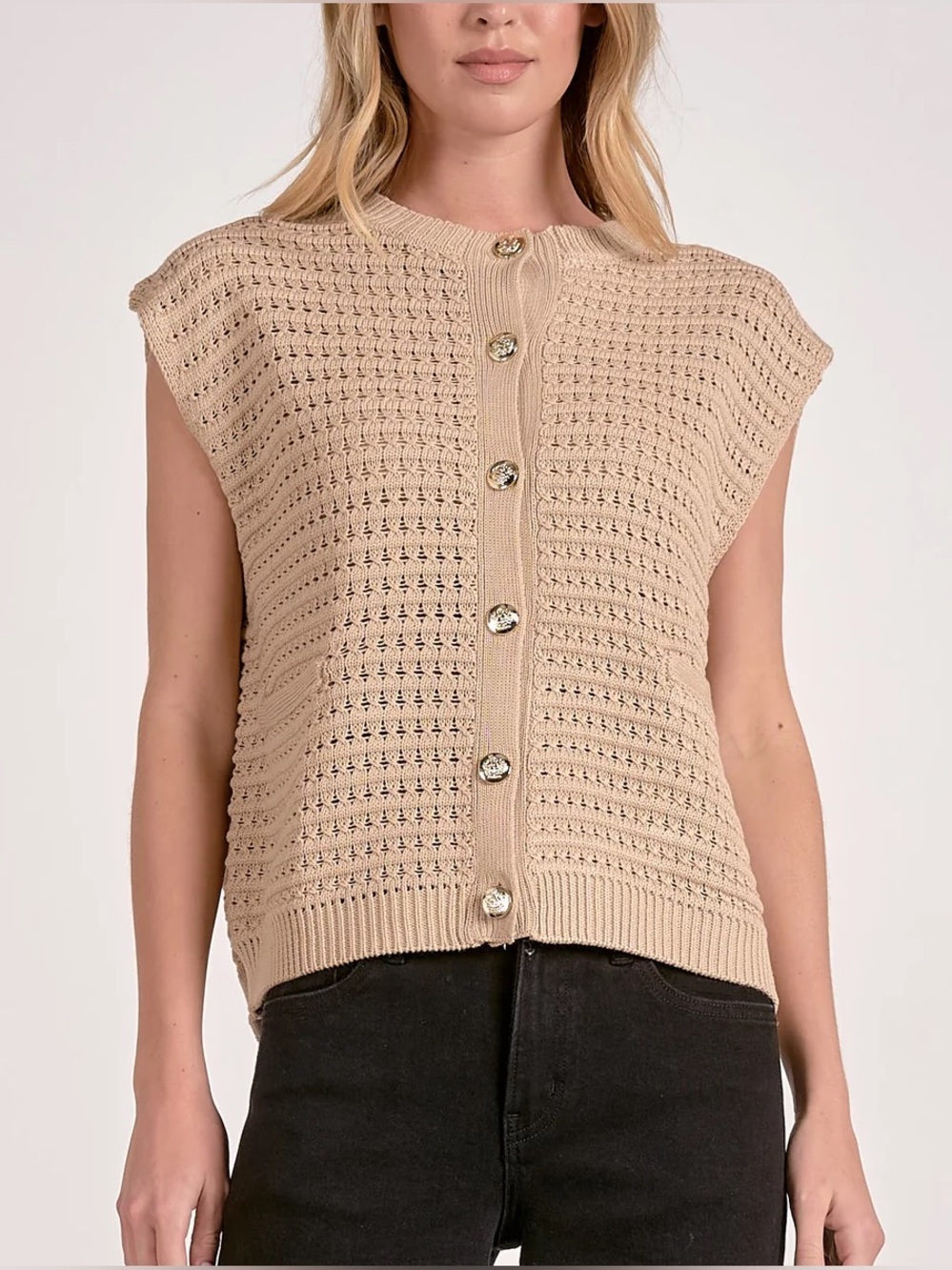 Elan Sleeveless Knit Sleeveless Sweater Cardigan - Taupe Size Medium